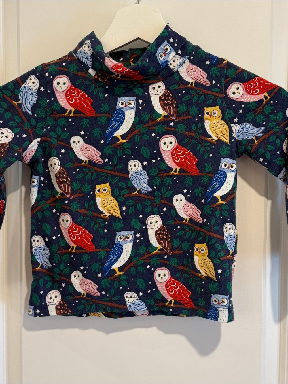 3-4Y Mini Boden Navy Owl Print Turtleneck Top